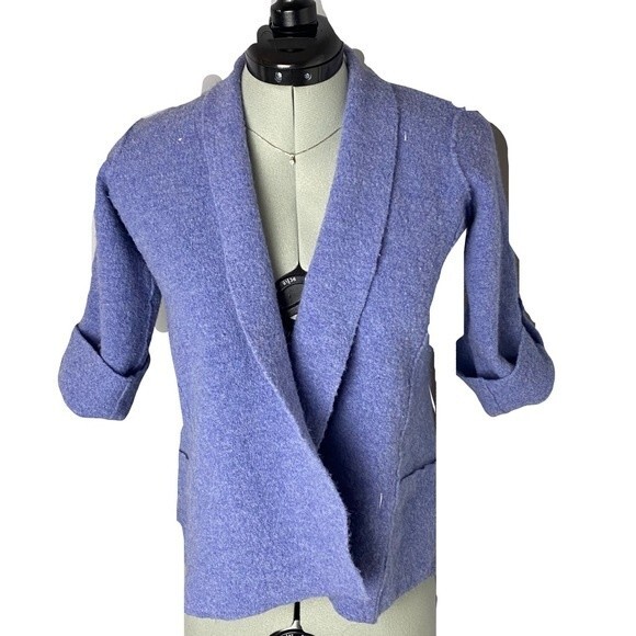 Eileen Fisher Periwinkle 100% Merino Wool Cardigan 3/4 Length Sleeves Size PM - Picture 1 of 8